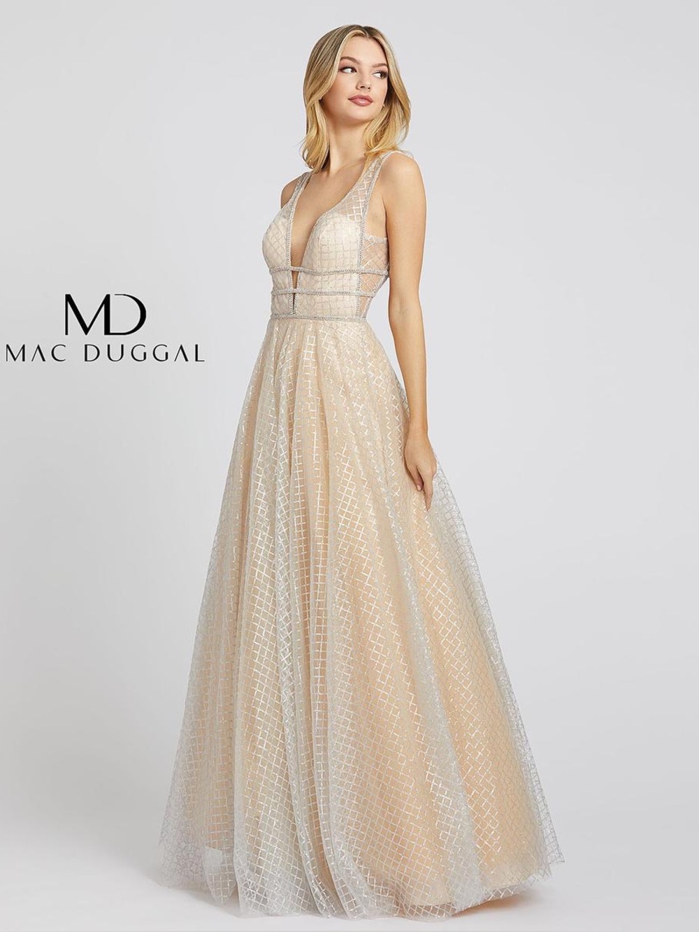 Mac Duggal Gown Women’s Size 12 Champagne Beaded Sequin Mesh Formal Prom Evening